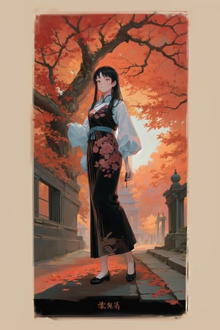 (Long black hair), vibrant color palette, leaves and roses, vine patterns, tarot card style, solo, (old chinese architecture), full body, detailed, standing infront of chinese palace garden, building, intricate design, leaves and vines, outdoors, china cityscape, trees, traditional, traditional chinese dress, red leaves, low angle, best quality art, bridge, ancient city, city