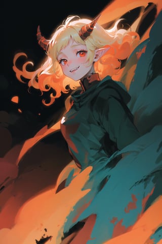 a 28 yo woman, blonde, red eyes, two big demon horns, Curly hair, dark theme, soothing tones, dark forest, elf ears, high contrast, (pointy ears, soft light, sharp), cute, medium shot, bokeh, (hdr), (cinematic, teal and orange), (soothing tones:1.1), pale skin, (hyperdetailed:1.2), (noir:0.5), warrior, dark forrest, big fangs, evil, smile, terrifying, beautiful, sinister, solo, best quality