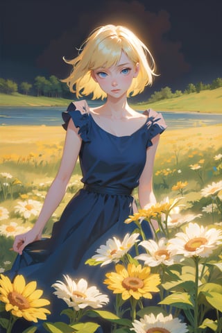 a woman with simple dress, short hair, blonde, global illumination, a photorealistic water painting, in the middle of flowers, long flowers, simple background, subsurface scattering, simple dress, (simple artwork:1.2), simple, (water color:1.2),anime