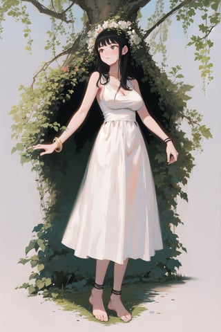 Goddess in white dress, black hair, long hair, large breasts, foot bracelet, barefoot, full body, black bracelet, simple background, garden, vines and leaves, trees, standing