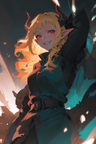 a 28 yo woman, blonde, red eyes, two big demon horns, Curly hair, dark theme, soothing tones, dark forest, elf ears, high contrast, (pointy ears, soft light, sharp), cute, medium shot, bokeh, (hdr), (cinematic, teal and orange), (soothing tones:1.1), pale skin, (hyperdetailed:1.2), (noir:0.5), warrior, dark forrest, big fangs, evil, smile, terrifying, beautiful, sinister, solo, best quality