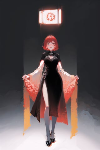 Chinese goddess, red hair, chinese dress, short hair, black dress, best quality, simple background, grey background, gradient background, best quality, full body, shiny black shoes, tarot artstyle, subsurface scattering, bare shoulders, intricate details, beautiful dress motif, large breasts, red color palette, standing, pinterest, twitter, artstation, deviantart, karl kopinski,