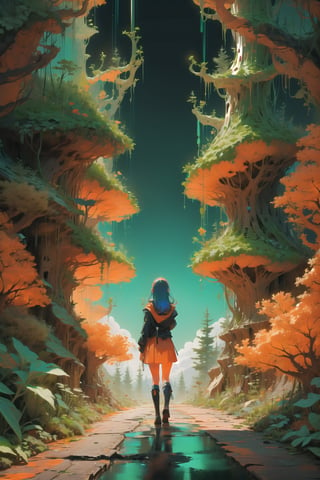 fantasy forests,woods,1girl,cute girl,explorer clothing,EpicArt,girl turn your back on the audience,Backview,anime,colorful,iridescent,huoshen,DonMG414,DonMG414 full body
