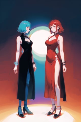 (Best quality:1.3), 2 goddesses, full body, large breasts, cleavage, foot bracelet, standing, chinese dress, sleeveless red chinese dress, blue vs red, 2girls, half blue half red, dark theme, (dichotomy:1.1), good and evil, 2 girls, split in half, two halves, left side red right side blue, red hair, blue hair, red and blue, red vs blue, mirrored, split, split-half, looking at viewer, 2 girls, good vs evil, shoes, dramatic lighting, room split in two, two sides, gradient, gradient background,