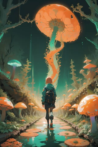 fantasy forests, woods, 1girl, cute girl, explorer clothing, EpicArt, girl turn your back on the audience, Backview, anime, colorful, iridescent, huoshen, full body, DonMG414, best quality, bright forest, giant mushrooms, teal and orange color palette