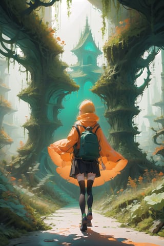 fantasy forests, woods, 1girl, cute girl, explorer clothing, EpicArt, girl turn your back on the audience, Backview, anime, colorful, iridescent, huoshen, full body, DonMG414, best quality