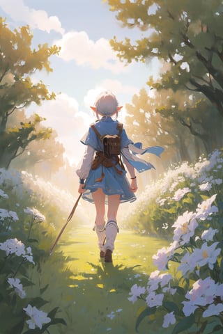 masterpiece, best quality, 1girl, elf adventurer walking through a field of white flowers, sunbeam, volumetric lighting