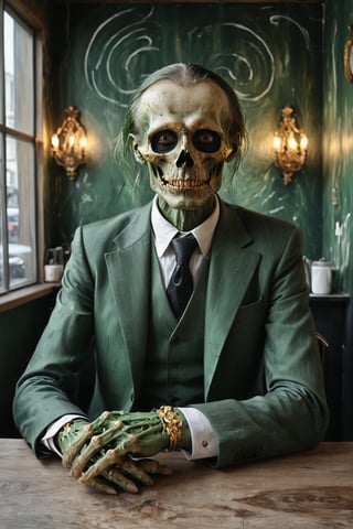  Death, the grim reaper as a creepy business man in green luxurious suit, skeleton face, black hole eyes, gold embroidered tie, sitting in a small fancy cafe in a European city,  portrait, half body portrait, holding out his hand to shake, eerie, cinematic, moody lights,style of Edvard Munch,Edvard Munch style