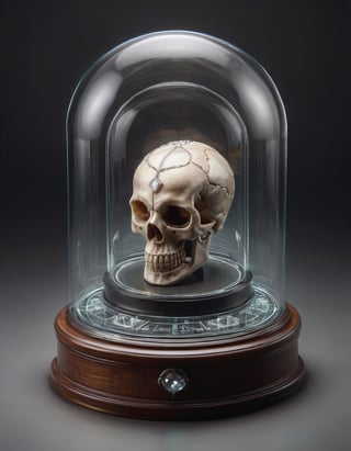 round domed display case for a human skull carved from a solid block of crystal diamond 