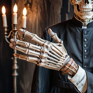(((Closeup on the skeleton hand of Death))), we see the cuff of a dirty bloodstained cassock , skeleton hand, with a visit card that says the words "THANKS FOR THE 15K", eerie, cinematic, moody lights,style of Edvard Munch, (close up of the skeleton hand) 