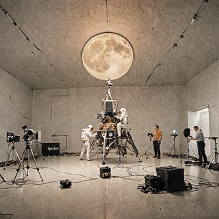 style of Miles Aldridge, 
A film crew is preparing for the shoot of their lives, the moon landing of the Apollo 11 in 1963,
minimalist decorations, professional serene lighting, Wide Angle, 360 Panorama, high detail, 