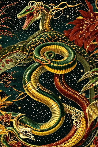 A majestic snake, ((a viper)), with intricate gold metal patterns adorning his skeletal structure. Jumping in the air, attacking with his fangs bared, in the country backdrop, surrounded by stars and constellations, illustrations, beautiful. The color palette is dominated by dark red, gold,  black and white, with the skeleton shining, being the most prominent feature, contrasting beautifully with the background elements.