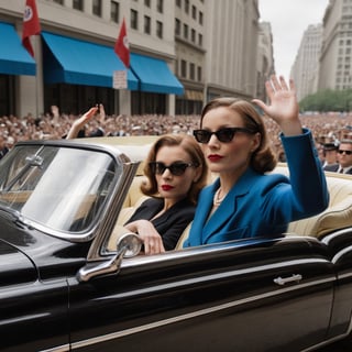 The president is riding in an open top car trough a big city avenue, the president and his wife are riding on the back seat of the car, waving to the crowd, ((a massive crowd watching)), (a big 1950s open limousine) , beside the car a security guard, secret service, with suit, sunglasses and a earpiece, running beside the car, overcast day, dynamic pose, great composition, high quality image, medium format camera, Hasselblad ,laura,dollskill,REALISTIC,Raw Photo,art_booster,MarianKelly