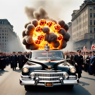The president is riding in an open top car trough a big city avenue,when his head explodes, (a giant ball of fire and blood in place of head), ((a massive crowd watching)), (a big 1950s open limousine) , cloudy day, dynamic pose, great composition, high quality image, medium format camera, Hasselblad ,laura,dollskill,REALISTIC,Raw Photo,art_booster,MarianKelly,jorg karg