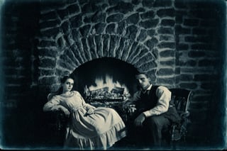  on a dark and foreboding table, the spirit of a dead man and woman are having sex floating in a luxurious victorian room, the light of the fireplace illuminate the scene, rule of thirds, intricate, volumetric lighting, beautiful, rich deep colors masterpiece, sharp focus,Movie Still,more detail XL, cinematic moviemaker style,tintime,cyanotime,dagtime