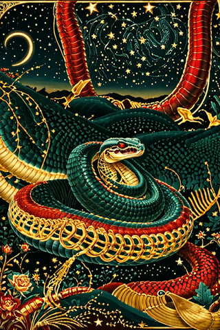 A majestic snake, ((a cobra)), with intricate gold metal patterns adorning his skeletal structure. Jumping in the air, attacking with his fangs bared, in the country backdrop, surrounded by stars and constellations, illustrations, beautiful. The color palette is dominated by dark red, gold,  black and white, with the skeleton shining, being the most prominent feature, contrasting beautifully with the background elements.