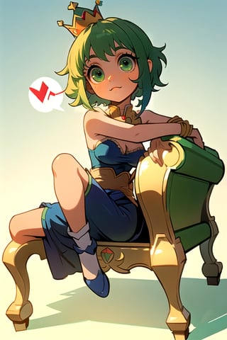 (best quality, masterpiece), soft lighting, dynamic lower angle, 1girl, solo girl, Megpoid Gumi, beautiful short hair with two large bangs, beautiful detailed eyes, simple design, rounded boobs, lower view, green hair, green eyes, (Blue queen fancy dress), crown, polite pose, sitting on a elegant throne, light blue ambient, deep shadows in the eyes, cute face proportions, shape language, GUMI, perfect
