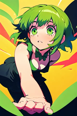 (best quality, masterpiece), soft lighting, dynamic upper angle, 1girl, solo girl, Megpoid Gumi, beautiful short hair with two large bangs, beautiful detailed eyes, simple design, rounded boobs, upper view, green hair, green eyes, black dress, expressive pose, deep shadows in the eyes, cute face proportions, shape language, GUMI