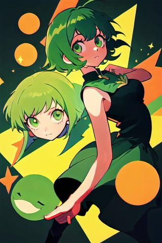 (best quality, masterpiece), soft lighting, dynamic upper angle, 1girl, solo girl, Megpoid Gumi, beautiful short hair with two large bangs, beautiful detailed eyes, simple design, rounded boobs, upper view, green hair, green eyes, black dress, expressive pose, deep shadows in the eyes, cute face proportions, shape language, GUMI