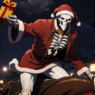 best quality, realistic, photorealistic, award-winning illustration, (intricate details: 1.2), (delicate detail), (intricate details), wonderful christmas night, polar lights, ((Santa Clause in his iconic custome is riding on Rocket to deliver presents)), colourful, beautiful,EpicSky,cloud,sky,Ainz, BoneDaddy, solo, 1boy, male focus, standing, long sleeves, skeleton, trench coat, full body,
