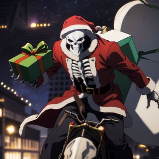 best quality, realistic, photorealistic, award-winning illustration, (intricate details: 1.2), (delicate detail), (intricate details), wonderful christmas night, polar lights, ((Santa Clause in his iconic custome is riding on Rocket to deliver presents)), colourful, beautiful,EpicSky,cloud,sky,Ainz, BoneDaddy, solo, 1boy, male focus, standing, long sleeves, skeleton, trench coat, full body,