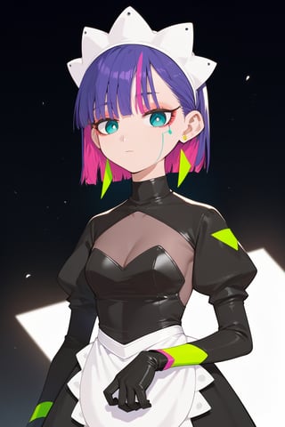 score_9_up,score_8_up, source_anime,solo,1girl, short hair, gloves, purple hair, multicolored hair, black gloves, maid headdress, earrings, Nira-Chan