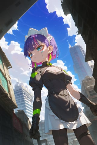 score_9_up,score_8_up, source_anime,solo,1girl, short hair, gloves, purple hair, multicolored hair, black gloves, maid headdress, earrings, dutch_angle,standing, from below,abandoned city, Nira-Chan