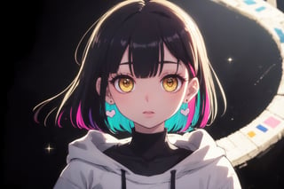 (Original Character, Highest Quality, Amazing Details:1.25),Volumetric Lighting, Best Shadows, Shallow Depth of Field,solo,1girl,

, yellow eyes, black hair, colorful_hair,upper_body,sweater,space,stars,void,
,hanabushi,hearts,