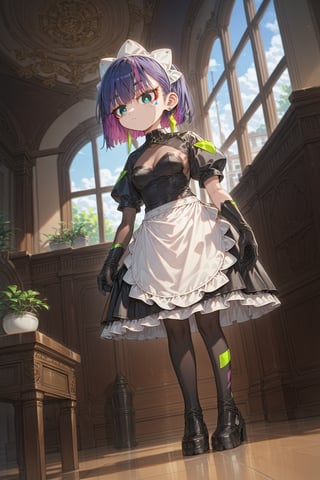 score_9_up,score_8_up, source_anime,solo,1girl, short hair, gloves, purple hair, multicolored hair, black gloves, maid headdress, earrings,indoors, dutch_angle,standing,full_body, from below, Nira-Chan