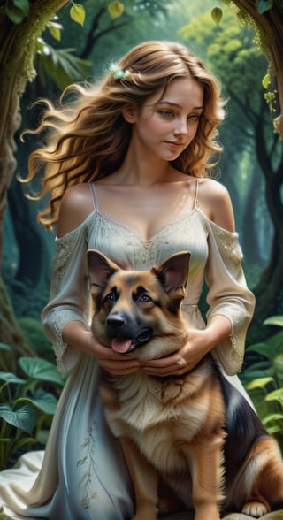 (best quality,4k,8k,highres,masterpiece:1.2),ultra-detailed,(realistic,photorealistic,photo-realistic:1.37),beautiful detailed brown curly hair,white woman,adorable German Shepherd puppy,feminine and captivating features,expressive eyes and lips,delicate facial features,ethereal garden setting,soft and vibrant colors,romantic and dreamy lighting,fine brushwork,detailed rendering of hair and fur,artistic illustration,paint strokes,harmonic composition,natural and organic elements,peaceful and serene atmosphere,tranquil mood,playful interaction between the woman and the puppy,tender bond and connection,carefree and joyful expression,subtle sunlight filtering through the leaves,dappled shadows,whispering breeze,floral patterns on the woman's dress and surroundings,lush vegetation,enchanted garden,overflowing with blossoming flowers and plants,thoughtful gaze and uplifting smile,freedom and happiness,harmony between nature and human existence.,more detail XL,Movie Poster