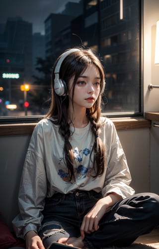 fine art, amazing sky, . European Hippie Girl meditating in her room, dreaming, Wear headphones, night lights, Neon landscape on a rainy day, Analog Color Theme, Lo-Fi Hip Hop , retrospective, flat, Purity Portait, real hands