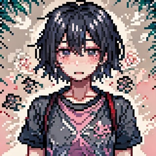 Pixel art, male, black_hair, pink_plain_shirt, embarrased, blushing, sweating, mole, solo_focus, short_hair,<lora:659111690174031528:1.0>