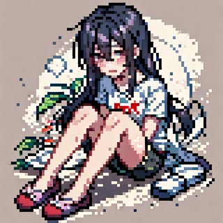 Pixel art, black_hair, straight_hair, mole_under_eye, shorts, t-shirt, slippers, blushing, sweaty,<lora:659111690174031528:1.0>