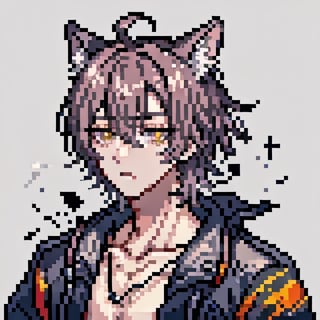 Pixel art, male, cat_ears, amber_eyes, messy_hair, portrait, solo_focus, naked, sad,<lora:659111690174031528:1.0>