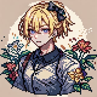 Pixel art, male, blonde, thick_eyebrows, hair_bow, cropped_top,<lora:659111690174031528:1.0>