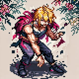 messy_hair, blonde, red_hair_bow, pink_crop_top, black_leggings, short_hair, happy, male, ,PixelArt,Pixel art,<lora:659111690174031528:1.0>