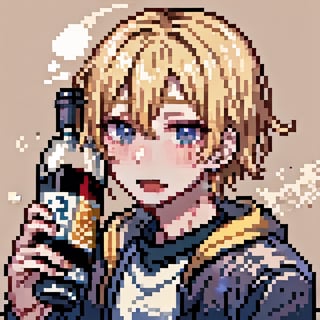 Pixel art,beige_skin, blonde, drunk, hair_accessories, sportswear, solo_focus, portrait, wine_bottle, blushing, drooling, male,<lora:659111690174031528:1.0>