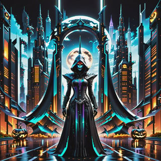 In a world where the harmonious fusion of nature and technology paints a mesmerizing tableau, envision a character adorned in the entrancing 'Halloween Grim Reaper Pixel Punk Pixel Dress,' clutching a scythe. The backdrop is an avant-garde metropolis where towering skyscrapers seamlessly entwine with colossal, biomechanical arboreal giants, creating an awe-inspiring cityscape

depth_of_field, 8k octane render, high detail, masterpiece, hyperdetailed, intricate details,Renaissance Sci-Fi Fantasy