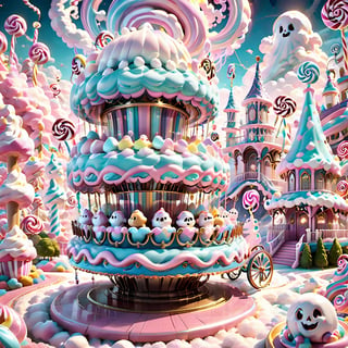 (Marshmallow Twist Coaster awaits, an enchanting ride featuring marshmallow track elements that stretch into the sky. As you reach the peak, cute ghostly companions join you in the carriages, and you plunge into the Candy Lagoon, offering a cooling sensation as you whiz by cotton candy clouds), 8k octane render, high detail, masterpiece, hyperdetailed, intricate details