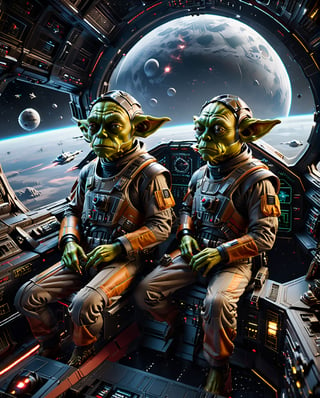 (2 starwars goblin fighter pilots in a starfighter cockpit, no helmets, goblins, death star), 8k octane render, high detail, cinema style, Masterpiece, hyperdetailed, intricately detailed, Professional photography, bokeh, natural lighting, canon lens, shot on dslr 64 megapixels sharp focus, complex, Renaissance Sci-Fi Fantasy,Renaissance Sci-Fi Fantasy,monster