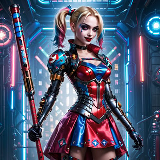 1girl, Reimagine Harley Quinn wearing Cyberfashion Dress: Bio-Mechanical Harmony wielding a cyber baseball bat, ,FilmGirl,detailmaster2