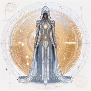 Celestial Cyberspace Gown: A cosmic-themed mechanical dress that simulates the vastness of space, featuring swirling galaxies and constellations. The dress includes holographic stars and a fiber-optic cloak that shimmers like a cosmic nebula. (2D Art Style: Celestial Cyber),  hyperdetailed intricately detailed,  intricate
