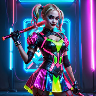1girl, Reimagine Harley Quinn wearing Cyberfashion Dress: Neon Elegance wielding a cyber baseball bat, ,FilmGirl,detailmaster2