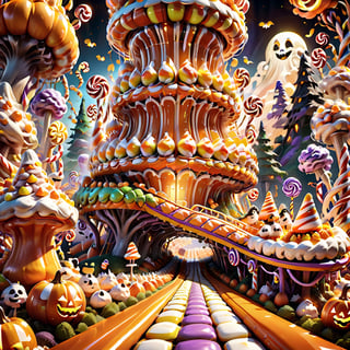 (Picture the Candy Corn Roller Coaster, a thrilling ride through a candy corn forest with loops and twists that take you soaring above the Halloween-themed park. Cute ghostly figures provide playful jump scares along the way), 8k octane render, high detail, masterpiece, hyperdetailed, intricate details