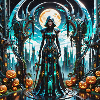 (Pixel Punk Pixel Dress), farming scythe, In a world where the harmonious fusion of nature and technology paints a mesmerizing tableau, envision a character adorned in the entrancing 'Halloween Grim Reaper Pixel Punk Pixel Dress,' clutching a scythe. The backdrop is an avant-garde metropolis where towering skyscrapers seamlessly entwine with colossal, biomechanical arboreal giants, creating an awe-inspiring cityscape, corresponding

depth_of_field, 8k octane render, high detail, masterpiece, hyperdetailed, intricate details,Renaissance Sci-Fi Fantasy