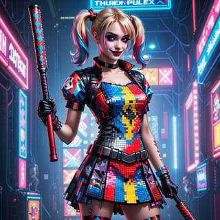 1girl, Reimagine Harley Quinn wearing Cyberfashion Dress: Pixel Punk Pixel Dress wielding a cyber baseball bat, ,FilmGirl,detailmaster2