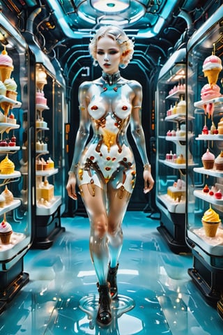 A Transparent Glass Woman filled with Ice Cream working in a cyberpunk ice cream store serving customers. wearing a Transparent glass floor length dress filled with cyberpunk, Wearing a Cyberpunk white mask, FilmGirl,detailmaster2