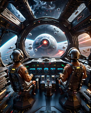 (2 starwars goblin fighter pilots in a starfighter cockpit, star battle, no helmets, goblins, death star), large space ships, 8k octane render, high detail, cinema style, Masterpiece, hyperdetailed, intricately detailed, Professional photography, bokeh, natural lighting, canon lens, shot on dslr 64 megapixels sharp focus, complex, Renaissance Sci-Fi Fantasy,Renaissance Sci-Fi Fantasy,monster