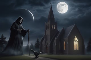 church,grim reaper,moonlight,dinosaur,