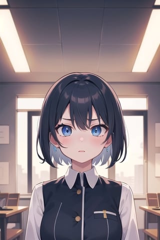 (masterpiece), best quality, high resolution, highly detailed, detailed background, perfect lighting, 1girl, short hair, intense blue eyes, disciplined expression, disciplinary committee uniform